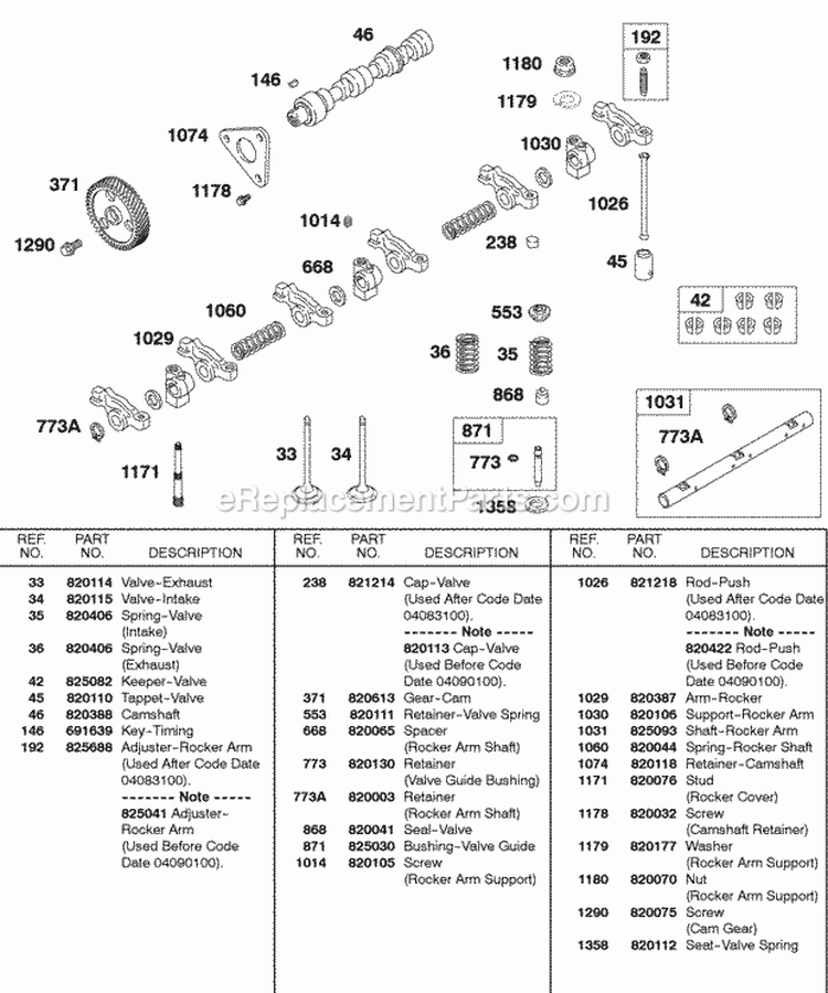 Valves Springs Camshaft Rockers Cam Gear Diagram and Parts List for 583447-0217-E2  Briggs and Stratton Engine